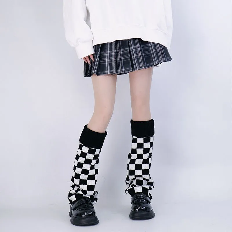 Boot Sock Slouchy - Black White Checkered Leg Warmers Knit