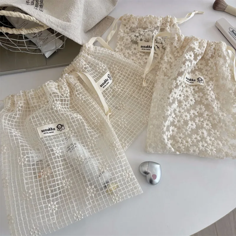 Sock Organizer Tray - Lace Embroidered Daisy Mesh Drawstring Makeup