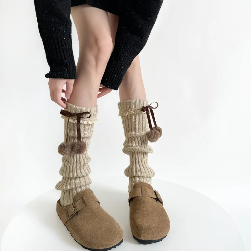 Boot Sock Slouchy - Camel Knit Leg Warmers with Furry