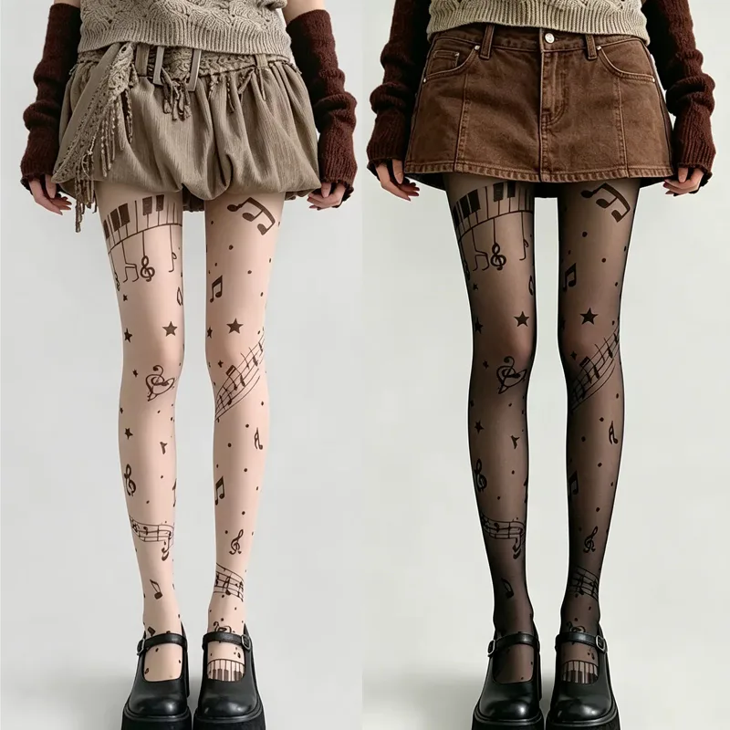 Y2K Musical Note Print Sheer P - Tights Pantyhose Sheer review and price